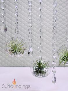 three air plants hanging from glass balls on a white tablecloth with crystal beads around them