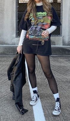 Car Black T Shirt Easy 30 day return policy Egirl Club Outfits, Band Tee Festival Outfit, Invert Triangle Outfit, Good Things Festival Outfit, Feminine Graphic Tee Outfit, Soft Grunge Dress Outfits, Womens Rock And Roll Outfits, Rave Fits Winter, Band Tee Skirt Outfits