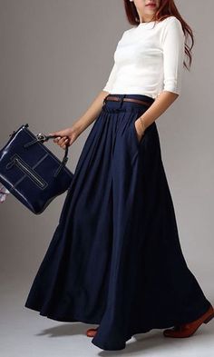 The 11 Best Maxi Dresses and Skirts Page 2 of 3 The Eleven Best More Minimalisticky Chic, How To Wear Belts, Full Flared Skirt, Long Linen Skirt, Best Maxi Dresses, Rok Outfit, Blue Pleated Skirt, Maxi Rok