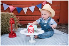 a baby boy sitting on the ground in front of a cake with a barn theme