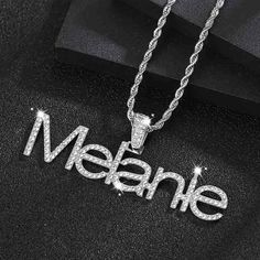 melanie silver color iced out crystal bling rope chain necklace Crystal Names, Name Pendant, Stainless Steel Chain Necklace, Rope Chain Necklace, Chic Type, Custom Name Necklace, Hip Hop Jewelry, Sparkling Crystal, Rose Gold Necklace