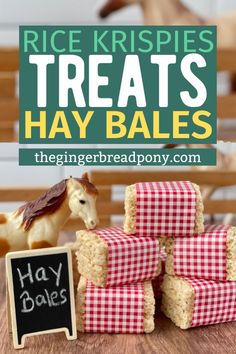 rice krispies treats with hay bales in the middle and small horse on top