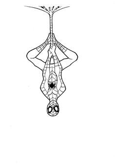 a spiderman hanging upside down from the ceiling with his hands on his hipss