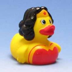 a yellow rubber duck with black hair and a red heart on it's head