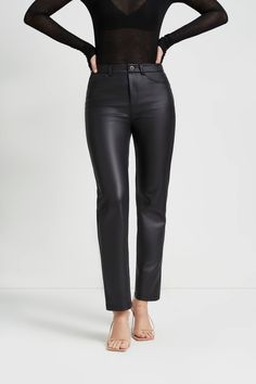 In premium Italian vegan leather, the Vinci black pants offer sheen and the signature Marcella edge. Their high-waist and modern straight leg will knock out any dusty pair of blue jeans. Leather Leggings Outfit, Unique Leggings, Leggings Outfits, Vegan Italian, Fitness Outfits, Monochrome Outfit, Leather Pant, Sheer Tights, Black Turtleneck