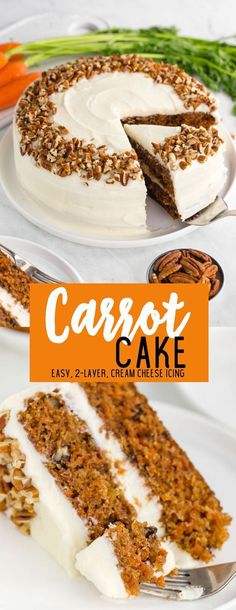 carrot cake with cream cheese frosting and pecans on the top, sliced in half