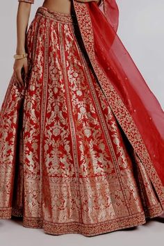 Red pure banarasi katan silk lehenga with bengal tiger, parrots and sequins embroidered motifs. Paired with pure satin silk geometrical checks embroidered blouse and pure silk organza dupatta. - Aza Fashions Embroidered Motifs, Bridal Lehengas, Bengal Tiger, Katan Silk, Silk Lehenga, Organza Dupatta, Silk Organza, Satin Silk, Bridal Lehenga