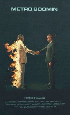 two men shaking hands in front of a fire with the words metro boomin on it