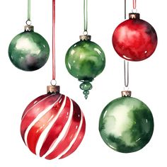 three christmas ornaments hanging from strings with watercolor paint on them, one red and one green ornament