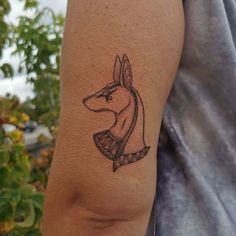 a person with a tattoo on their arm that has an egyptian dog design on it