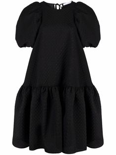 Black cotton-blend Alexa puff-shoulder dress from CECILIE BAHNSEN featuring shift style, textured finish, round neck, rear tie fastening, short puff sleeves and mid-length. Puffy Black Dress, Cecilie Bahnsen, Puff Sleeve Dress, Oversized Dress, Polka Dress, Vestido Casual, Puffed Sleeves Dress, White Midi Dress, Puff Sleeves