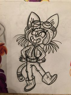 a drawing of a cat with glasses and a hat on, standing in front of a piece of paper