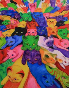 a painting of many different colored cats