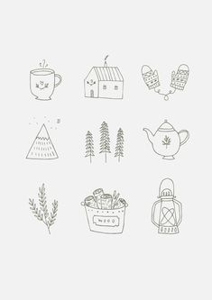 hand drawn teapots and cups with trees in them on a light gray background