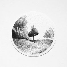 a black and white drawing of trees in a field