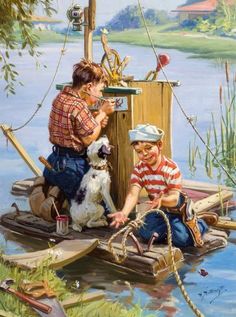 two boys and a dog on a boat in the water by some docks with ropes