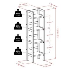 the measurements for a bookcase with three shelves and two hanging tags on each shelf