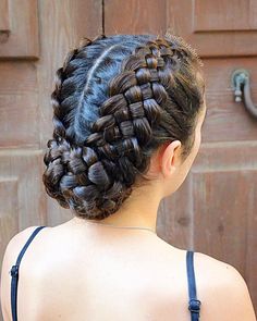 Braided Hairstyles For Dance Competitions, Complex Braided Hairstyles, Braided Dance Competition Hair, Braided Ballroom Hair, Dance Bun With Braid, French Braid Gymnastics Hair, Cool Braid Hairstyles, Cool Braids