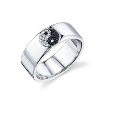 14k white gold burnished yin yang ring features black diamond and white diamonds. Measures approximately 1/8" thickness. Available in size 10 only. Yin Yang Ring, Hand Chain Bracelet, Hand Chain, Anklet Jewelry, White Diamonds, Yin Yang, Modern Jewelry, Men's Collection, Eternity Ring