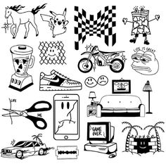 a black and white drawing of various things that are in the shape of a car