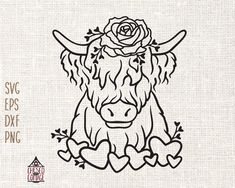 a black and white drawing of a cow with flowers on its head