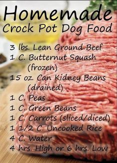 the ingredients for homemade crock pot dog food on a cutting board with text overlay