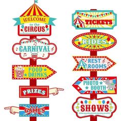 circus signs are shown in different colors and sizes