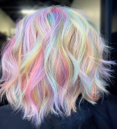 Coloured Hair Pastel, White Hair With Rainbow Highlights, Pastel Vivid Hair Color, Color Techniques Hair, Bubble Technique Hair Color, Blonde And Vivid Hair Color, Short Pastel Hair, Dyed Bob, Pastel Hair Dye