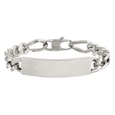 Featuring a large ID plate that is perfect for engraving, this stainless steel men's bracelet makes a handsome gift. Featuring a large ID plate that is perfect for engraving, this stainless steel men's bracelet makes a handsome gift. Length: 9 in. Metal: stainless steel Finish: polished Packaging: boxed Please note, due to the high value of this item, a signature may be required upon delivery. Size: One Size. Color: White. Gender: male. Age Group: adult. Classic Stainless Steel Rectangular Chain Bracelet, Classic Rectangular Stainless Steel Chain Bracelet, Classic Stainless Steel Cuban Link Bracelet, Classic Stainless Steel Chain Bracelet With Polished Finish, Silver Stainless Steel Bracelets With Engraving Option, Formal Engraved Stainless Steel Bracelets, Classic Adjustable Cuban Link Bracelet In Stainless Steel, Modern Engraved Stainless Steel Chain Bracelet, Formal Stainless Steel Engraved Bracelets