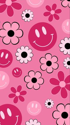 a pink background with flowers and smiley faces