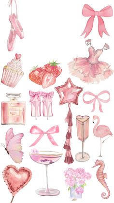 a watercolor drawing of various items from a ballerina's life in pink