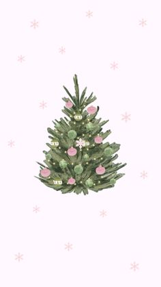 a small christmas tree with pink and green ornaments on it's branches, surrounded by snowflakes