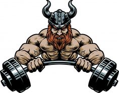 an image of a viking with dumbbells on his chest holding a barbell