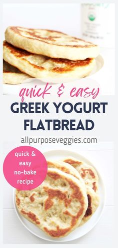 the recipe for greek yogurt flatbreads is shown in three different pictures