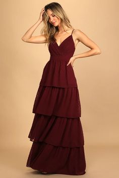 Shop Dresses for Weddings | Wedding Guest Dresses - Lulus Burgundy Maxi Dress, Empire Waist Tops, Party Attire, Tiered Maxi Skirt