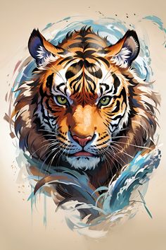 a painting of a tiger's face with water splashes around it