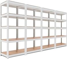 a white shelving unit with wooden shelves on each side and one shelf above the other