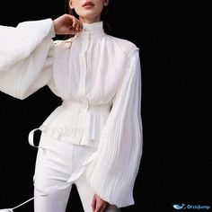 Orcajump - Chic Pleated Peplum Blouse with Sheer Ruffles, High Neckline, and Puff Sleeves Peplum Blouse, High Neckline, Puff Sleeves, Shirt Outfit, Puff Sleeve, Ruffles, White, Clothes