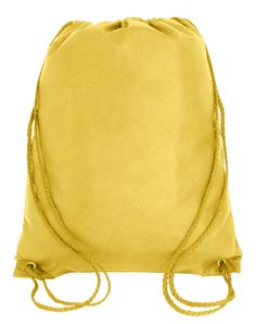 a yellow drawsack bag is shown on a white background and has two handles to hold it