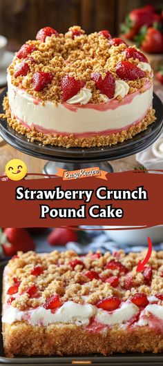 strawberry crunch pound cake on a plate with strawberries