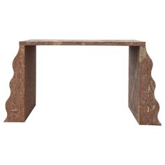 a wooden bench with an intricate design on the front and back end, against a white background