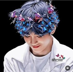 a man with blue hair and flowers in his hair is looking down at the ground