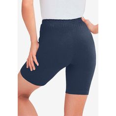 Experience the perfect fit with these versatile stretch knit bike shorts. Comfortable stretch elastic waistband adapts to your shape effortlessly. Ideal for staying active or layering under tunics, dresses, and tops for a flawless look. Designed to sit at the waist, offering a flattering silhouette. 9-inch inseam provides just the right amount of coverage. Made from a cotton/spandex blend for breathable comfort and flexibility; heather options are a cotton/poly/spandex mix. Easy to care for with Casual Biker Shorts With Elastic Waistband, Casual Biker Shorts With Short Leg, Stretch Pull-on Style Shorts, Casual Knee-length Shorts Activewear, Pull-on Stretch Shorts, Casual Elastane Knee-length Shorts Activewear, Casual Knee-length Biker Shorts, Solid Color Stretch Athletic Shorts Above Knee, Casual High Stretch Athletic Shorts, Mid-thigh Length