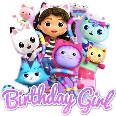 a cartoon girl surrounded by cats and kittens with the words birthday girl on it