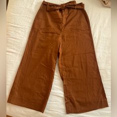 Linen Brown Pants. Wide Leg Pants With Belt Loops For Day Out, Chic Brown Cotton Wide Leg Pants, Chic Brown Cotton Bottoms, Brown High-waisted Wide Leg Pants For Spring, High Waist Brown Cotton Wide Leg Pants, Brown High Waist Wide Leg Pants For Spring, Brown Wide Leg Bottoms For Spring, Brown Wide Leg Pants For Spring, Brown Summer Workwear Pants