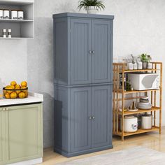 an image of a kitchen setting with grey cupboards