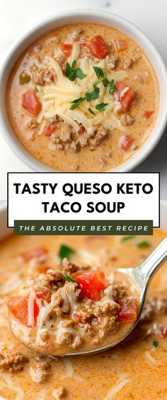 Image for Tasty Queso Keto Taco Soup Taco Soup Keto, Low Carb Taco Soup, Keto Soup Recipes, Beans And Corn, Night With Friends, Cozy Dinner