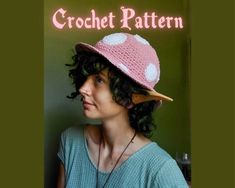 a woman wearing a pink hat with white polka dots on it and the words crochet pattern above her head