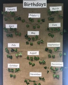 a bulletin board with plants and months on it