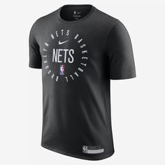 A sweat-wicking legend returns to level up your fan wear. Show your love for the Nets in this classic-fit tee. Nike Black T-shirt With Team Logo, Nike Black Fan Apparel T-shirt, Dri-fit Graphic Print T-shirt For Sports, Sporty Crew Neck T-shirt For Fan Events, Nike Crew Neck T-shirt For Fan Merchandise, Sports Season Dri-fit Graphic T-shirt, Nike Team Spirit T-shirt For Streetwear, Nike T-shirt For Streetwear With Team Spirit, Dri-fit Team Spirit T-shirt With Crew Neck